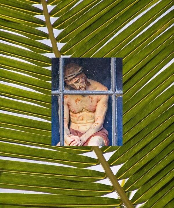 Palmzweig und ein Bild vom Leiden Jesu. Fotos: pfarrbriefservice.de, Collage: CB