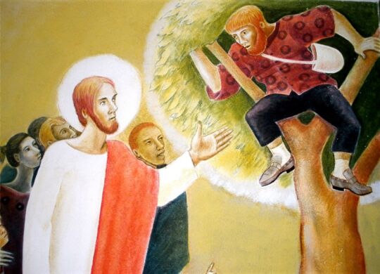 Jesus trifft Zachäus. Bild: Foto: Friedbert Simon / Künstler: Henry Likonde, pfarrbriefservice.de